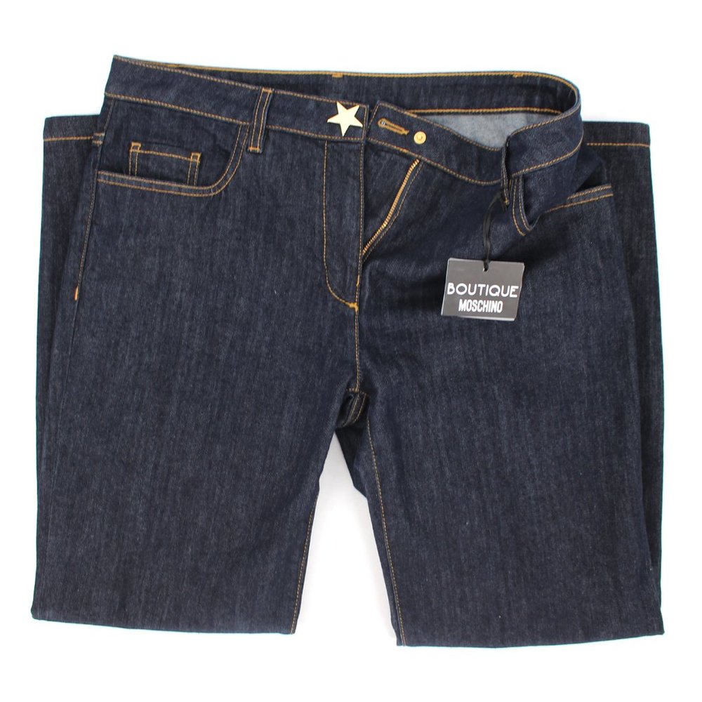 Boutique Moschino Dark Blue Wash Denim Jeans Star Pocket Gold Star Button 42 - Picture 2 of 10